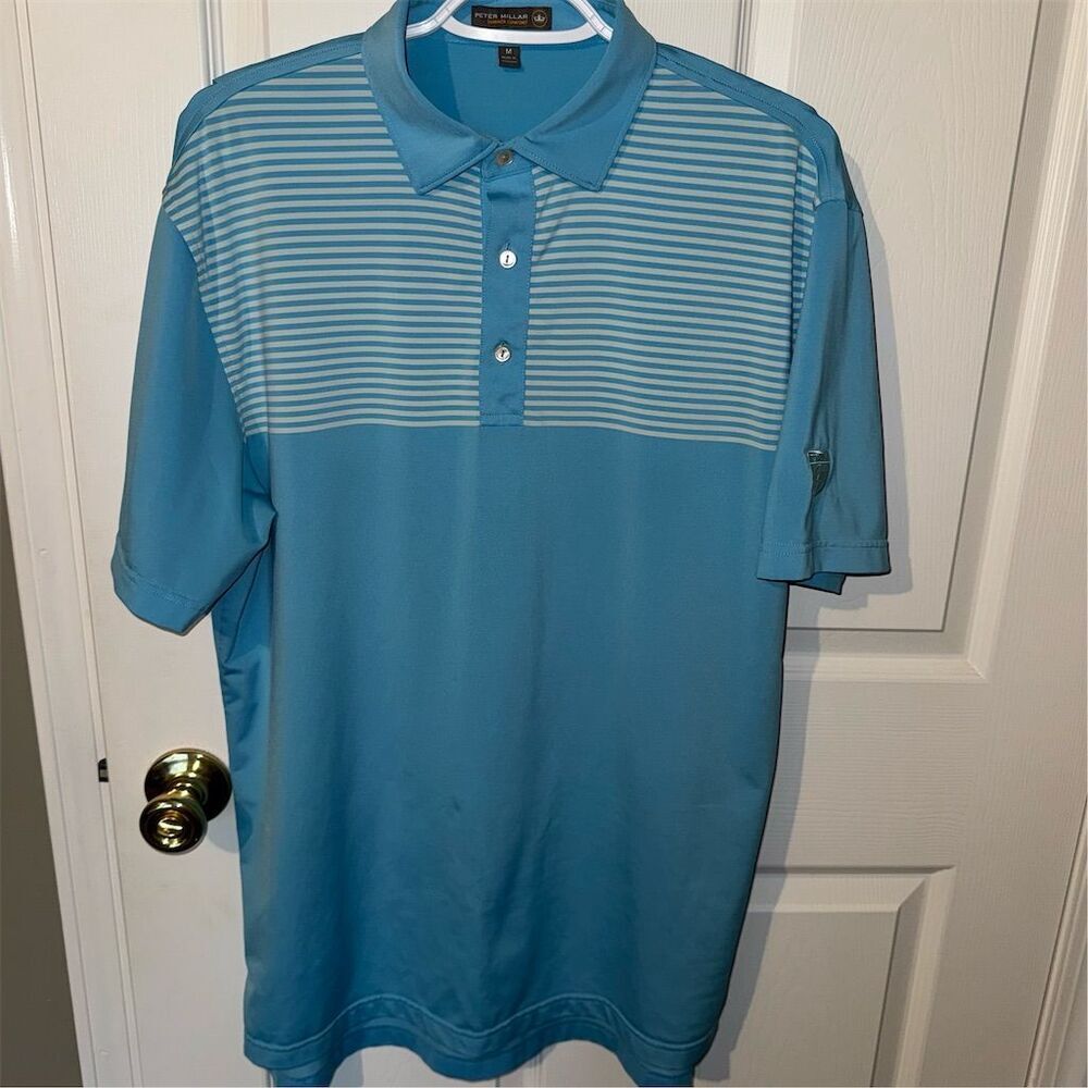 Peter Millar Men's Striped Blue Polo Golf Stretch Shirt‎ Size M Short Sleeve